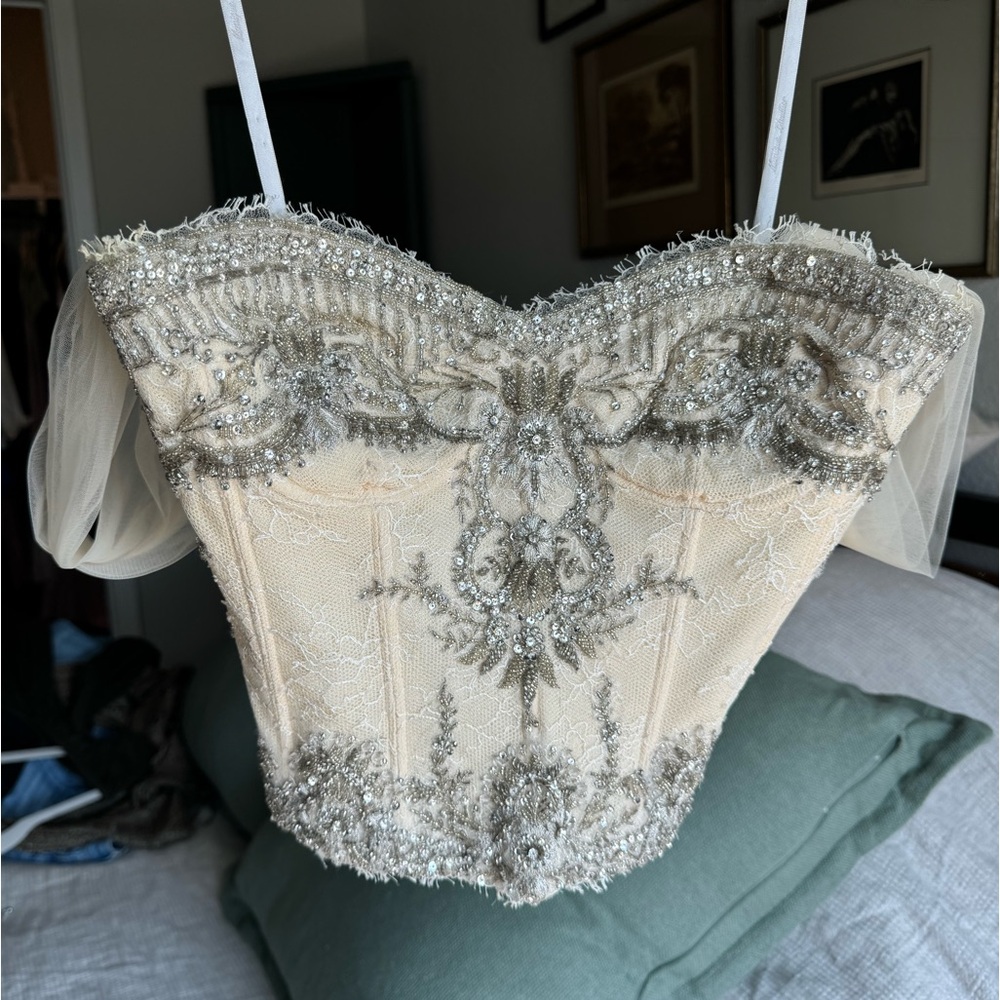 Monique Lhuillier Lace Bridal Corset, Jeweled Bodice in Ivory